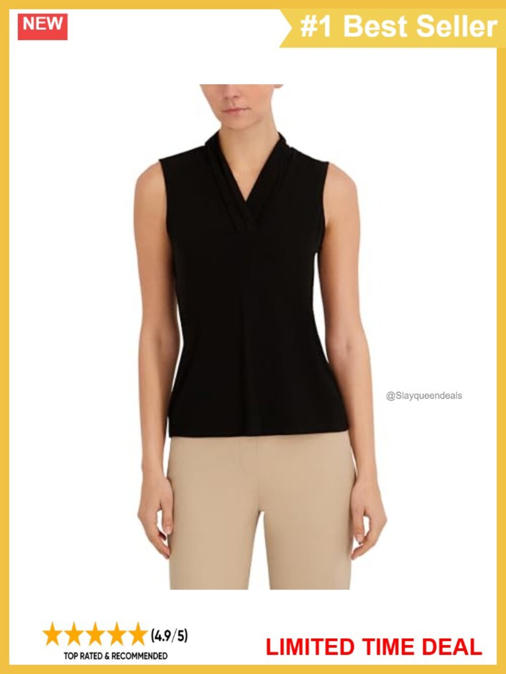 Sleeveless Pleated V-Neck Jersey Tank Top Business Casual
